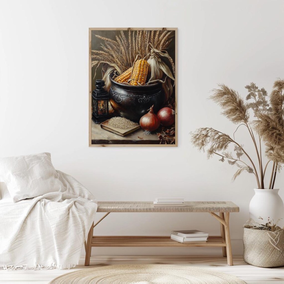Harvest Corn and Wheat in Black Cauldron Rustic Autumn Still Life Poster - Image 2
