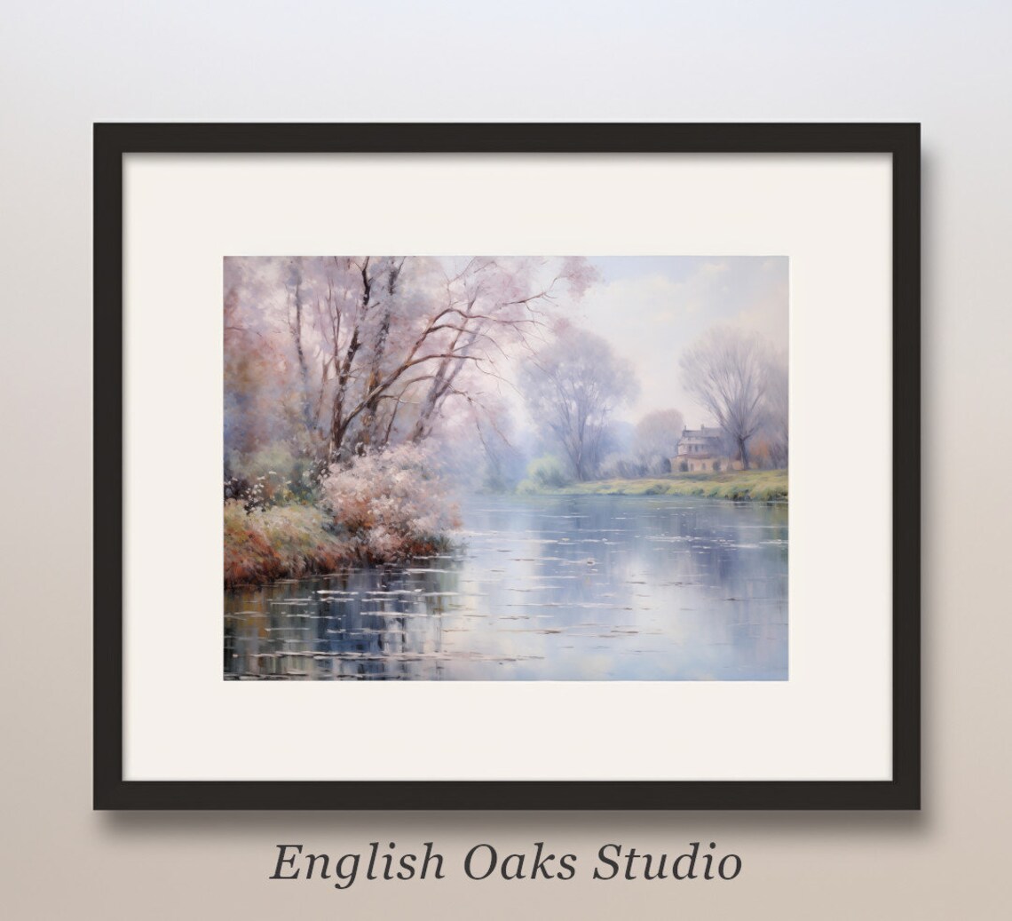 Vintage Spring Hazy River Landscape Art Print