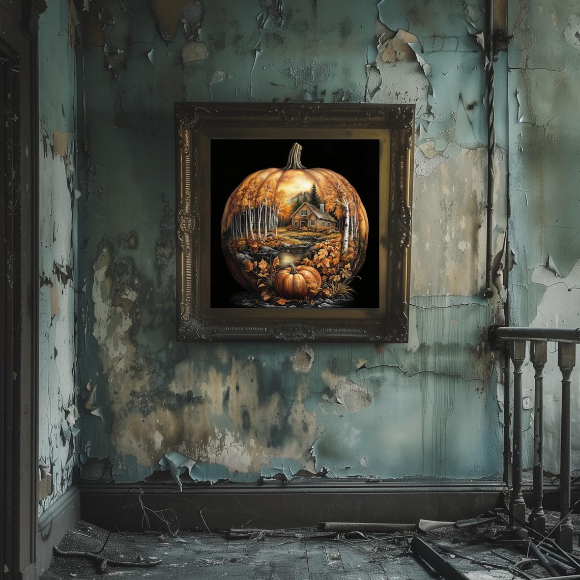 Orange Pumpkin Painted with Autumn Cottage in Birch Forest Poster - Image 2