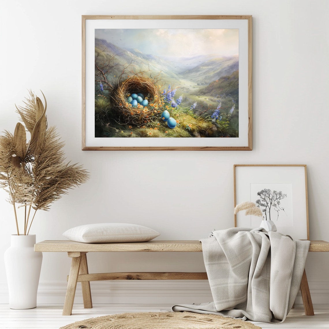 Bird Nest with Blue Eggs and Bluebells Spring Valley View Wall Art - Image 2