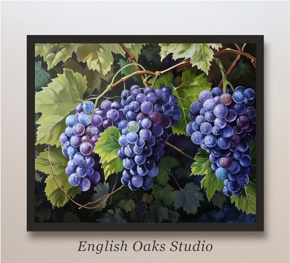Vintage Farmhouse Grapes Kitchen Still Life Painting Moody Dark Grapes On The Vine Print