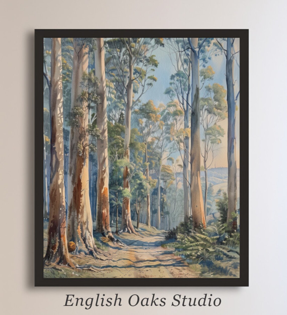 Tall Gum Trees Forest Path Watercolor Eucalyptus Nature Painting Poster