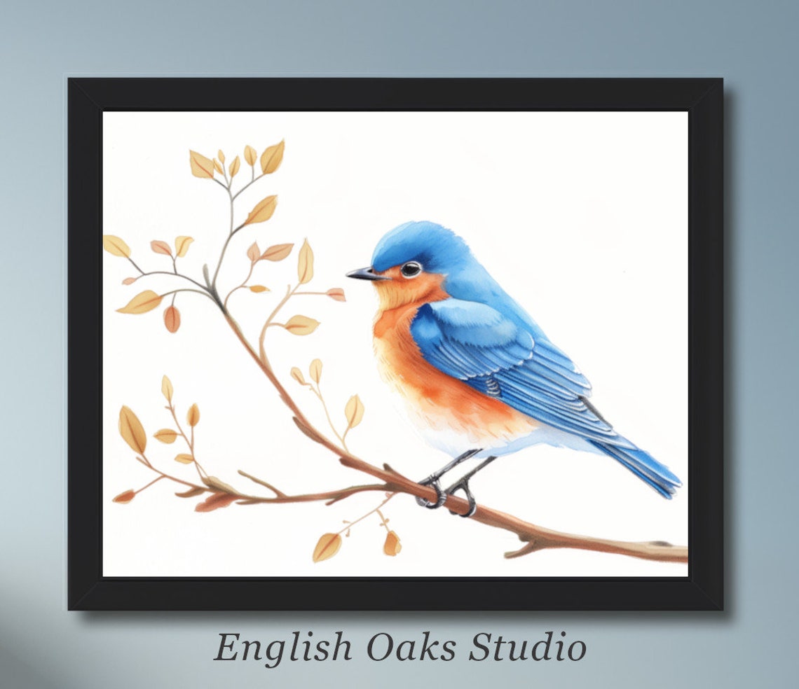 Bluebird On A Branch With Golden Autumn Leaves Watercolor Poster