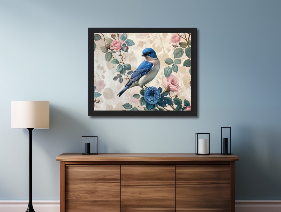 Bluebird Perched Among Pink and Blue Roses Vintage Art Poster - Image 2