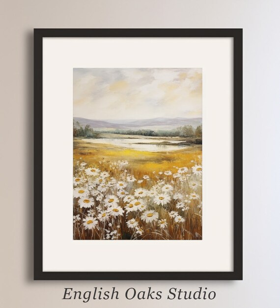 Spring Daisy Field Beside a Golden River Vintage Oil Painting Poster