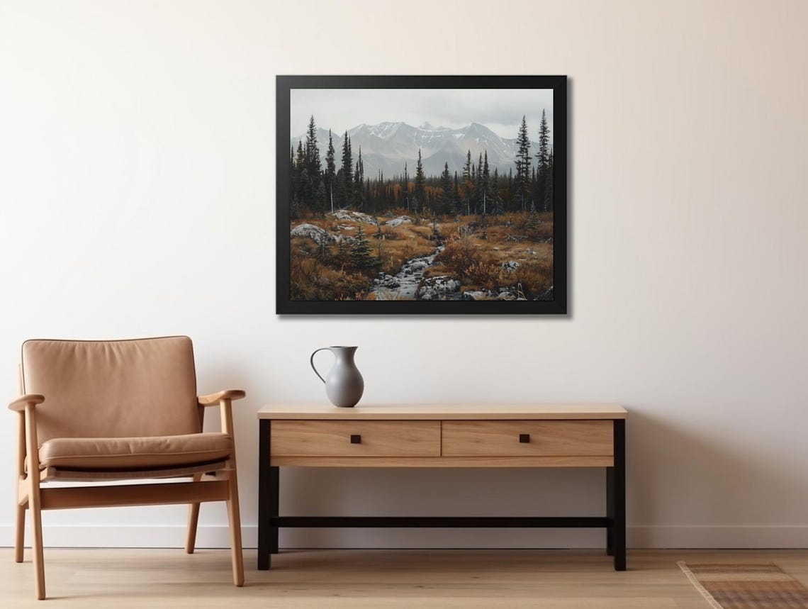 Moody Mountain Stream Through Autumn Meadow Pine Forest Poster - Image 2