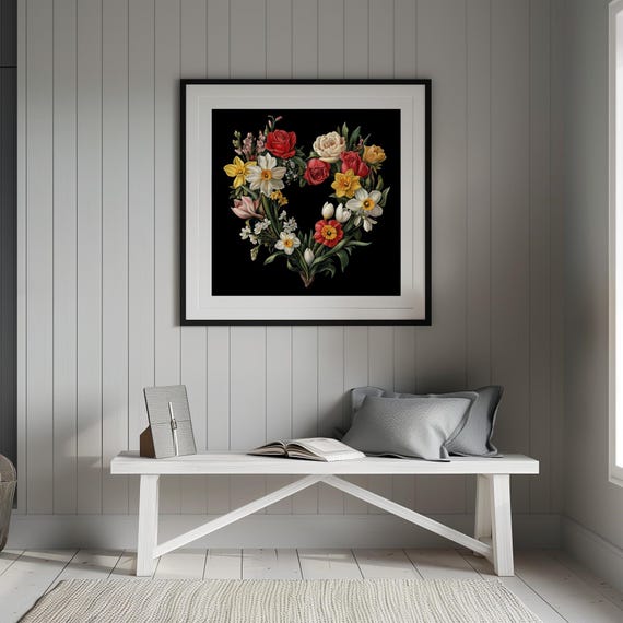 Moody Valentines Day Spring Flowers Heart Wreath Painting Romantic Goth Dark Academia Floral Wreath Print