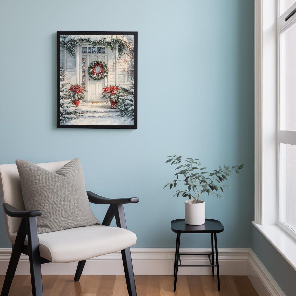 Snowy Christmas Front Door with Poinsettias and Wreath Poster - Image 2