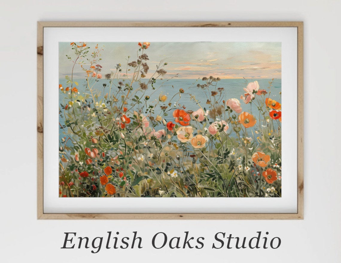 Seaside Wildflower Meadow Orange Poppies Dusk Ocean Horizon Poster