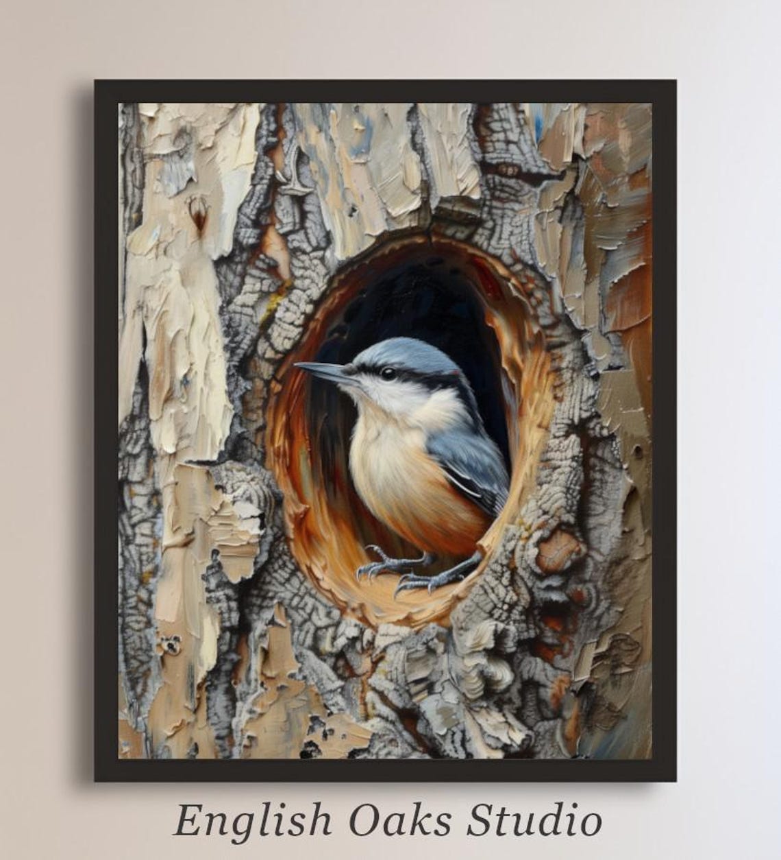 Nuthatch Perched In Tree Hole Textured Bark Closeup View Poster