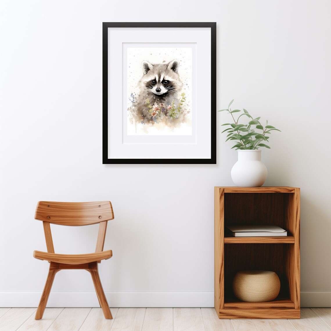 Raccoon Watercolor Portrait Wildflowers Neutral Woodland Print - Image 2