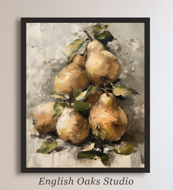 Vintage Moody Neutral Pears Painting Farmhouse Antique Fruit Wall Art Print 01