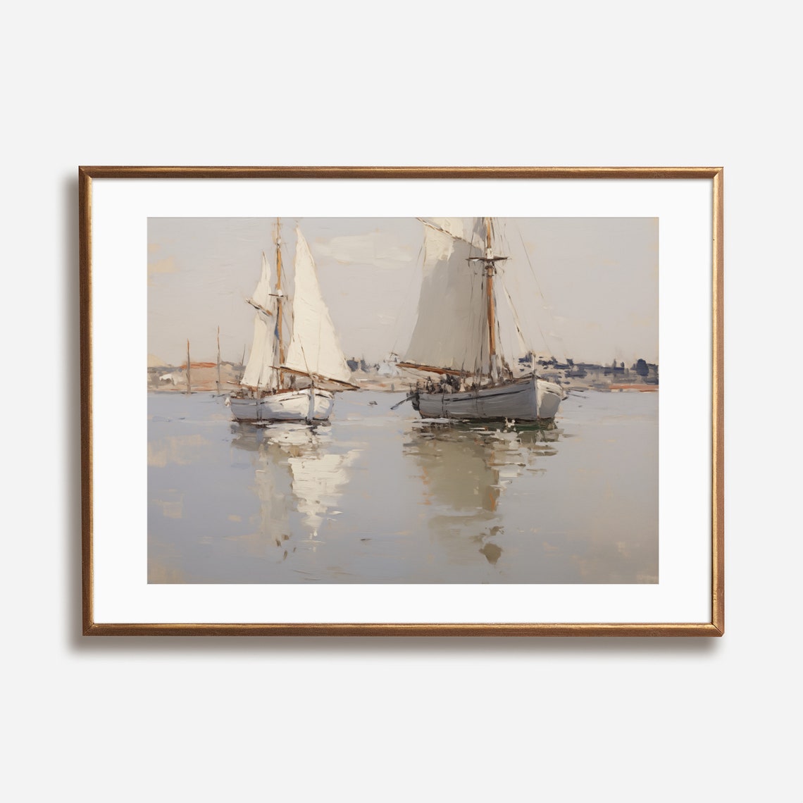 Two Sailboats Calm Harbor White Sails Serene Seascape Poster - Image 2