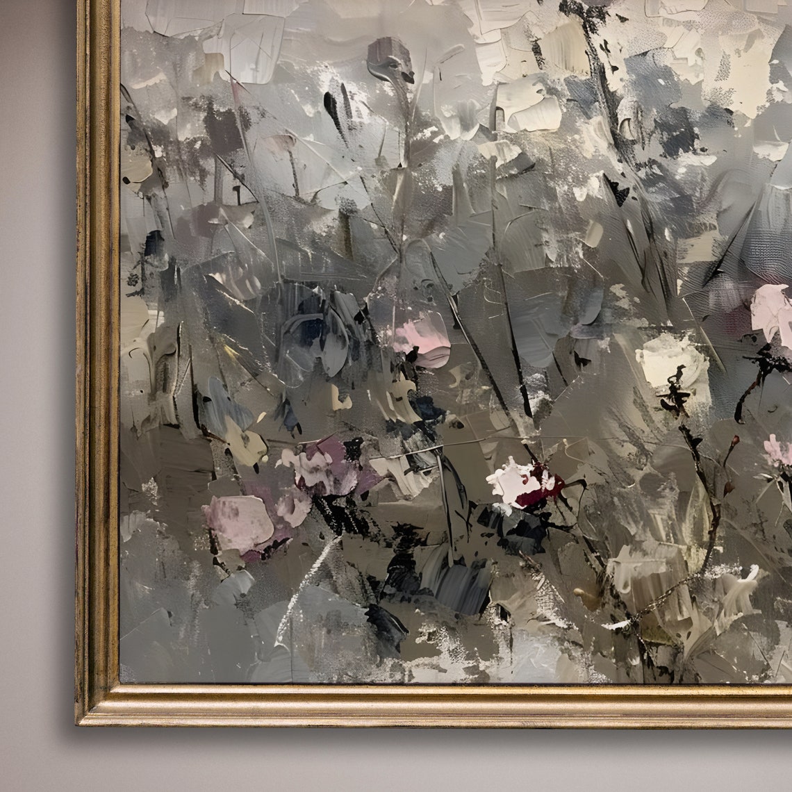 Abstract Floral Painting In Soft Grey And Pink Impasto Style Poster - Image 8