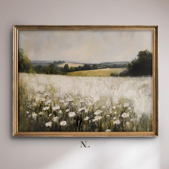 Country Farmhouse Landscape White Flowers Field Vintage Wall Art Moody Art Print Painting Country Decor