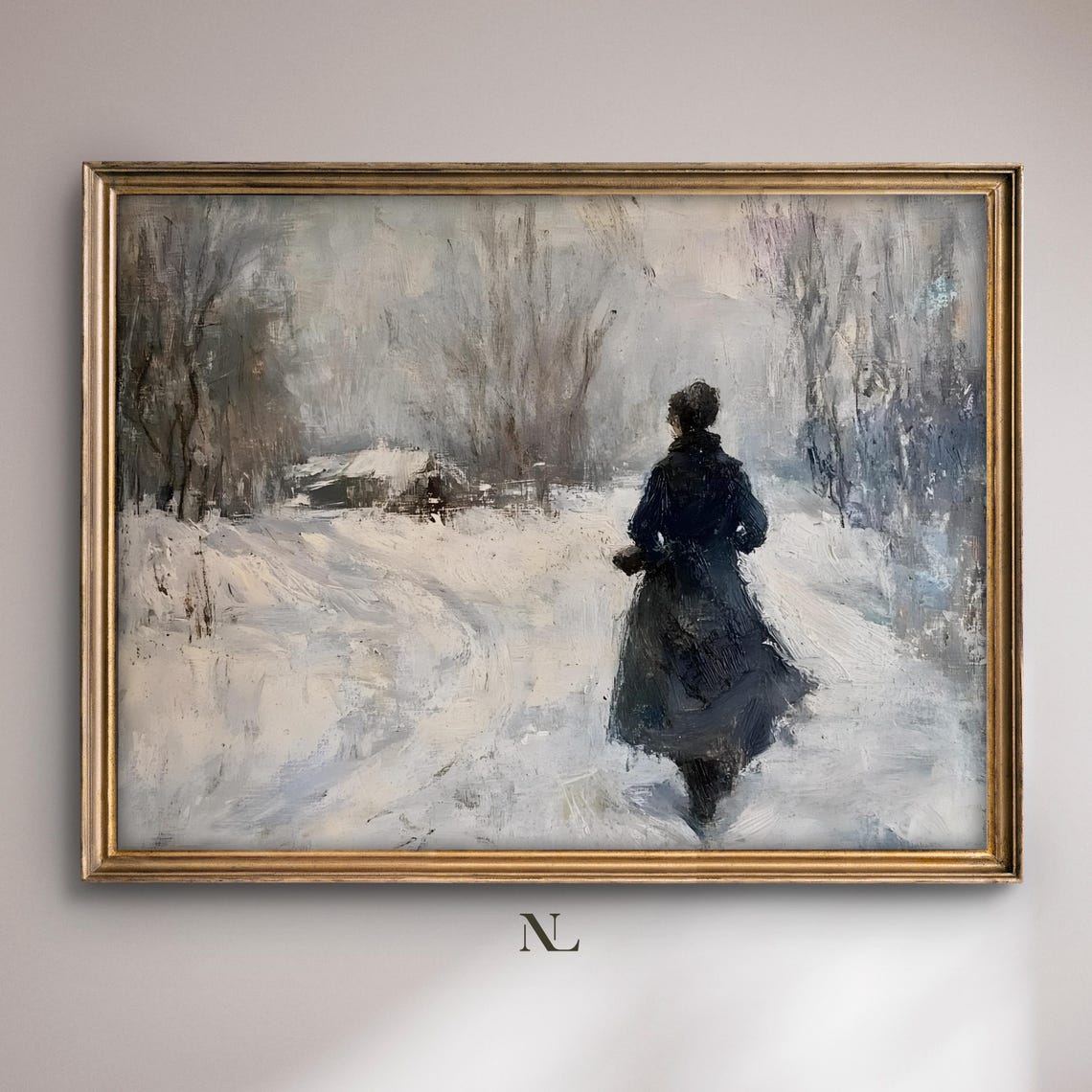Woman Walking Snowy Path In Winter Coat Moody Rustic Landscape Poster