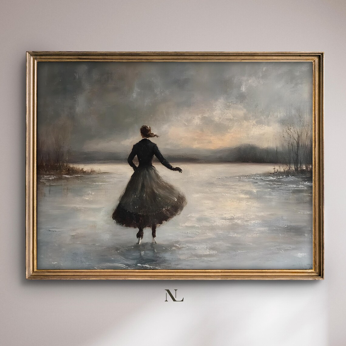 Woman Ice Skating Frozen Lake Dramatic Winter Sky Painting Poster