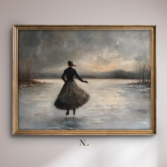 Woman Ice Skating Frozen Lake Dramatic Winter Sky Painting Poster
