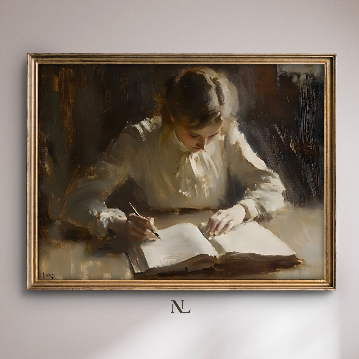 Woman Writing In Journal By Lamplight Victorian Study Painting Poster