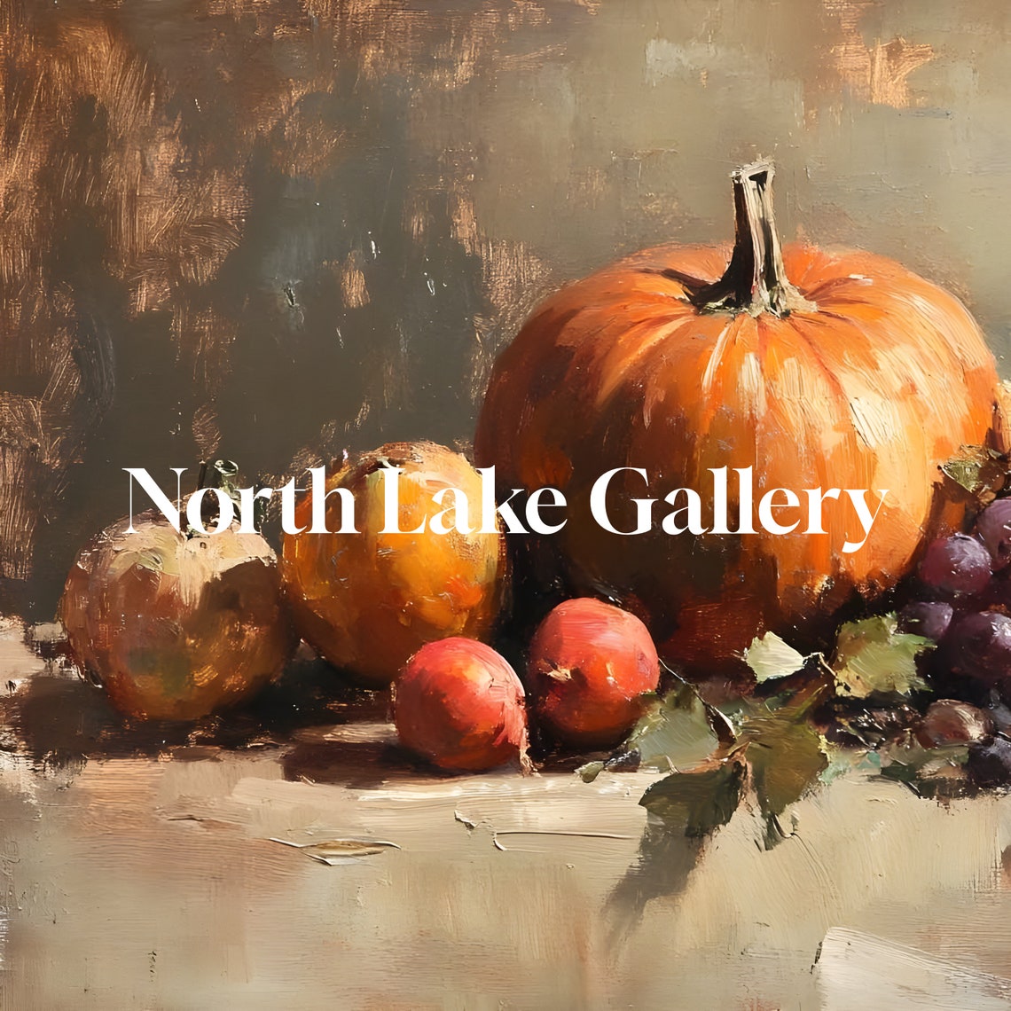 Pumpkin Still Life With Grapes And Peaches Fall Harvest Oil Poster - Image 2