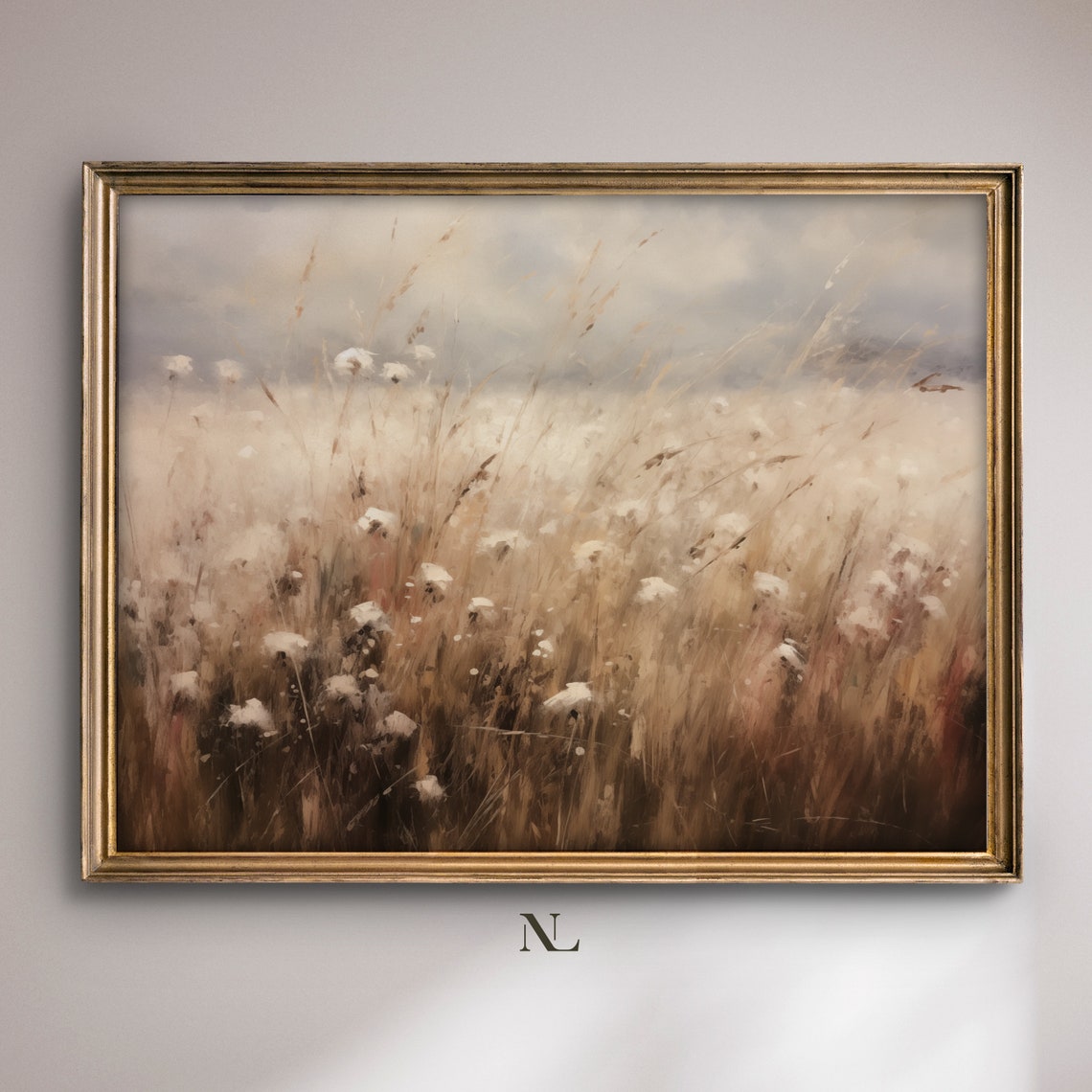 Windblown Meadow White Wildflowers Golden Grass Landscape Poster