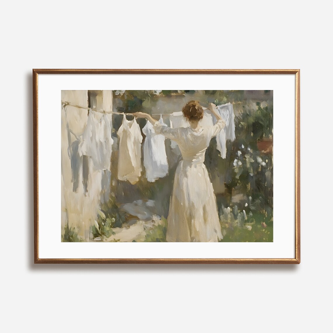 Woman Hanging Laundry On Line Sunny Garden Vintage Painting Poster - Image 5