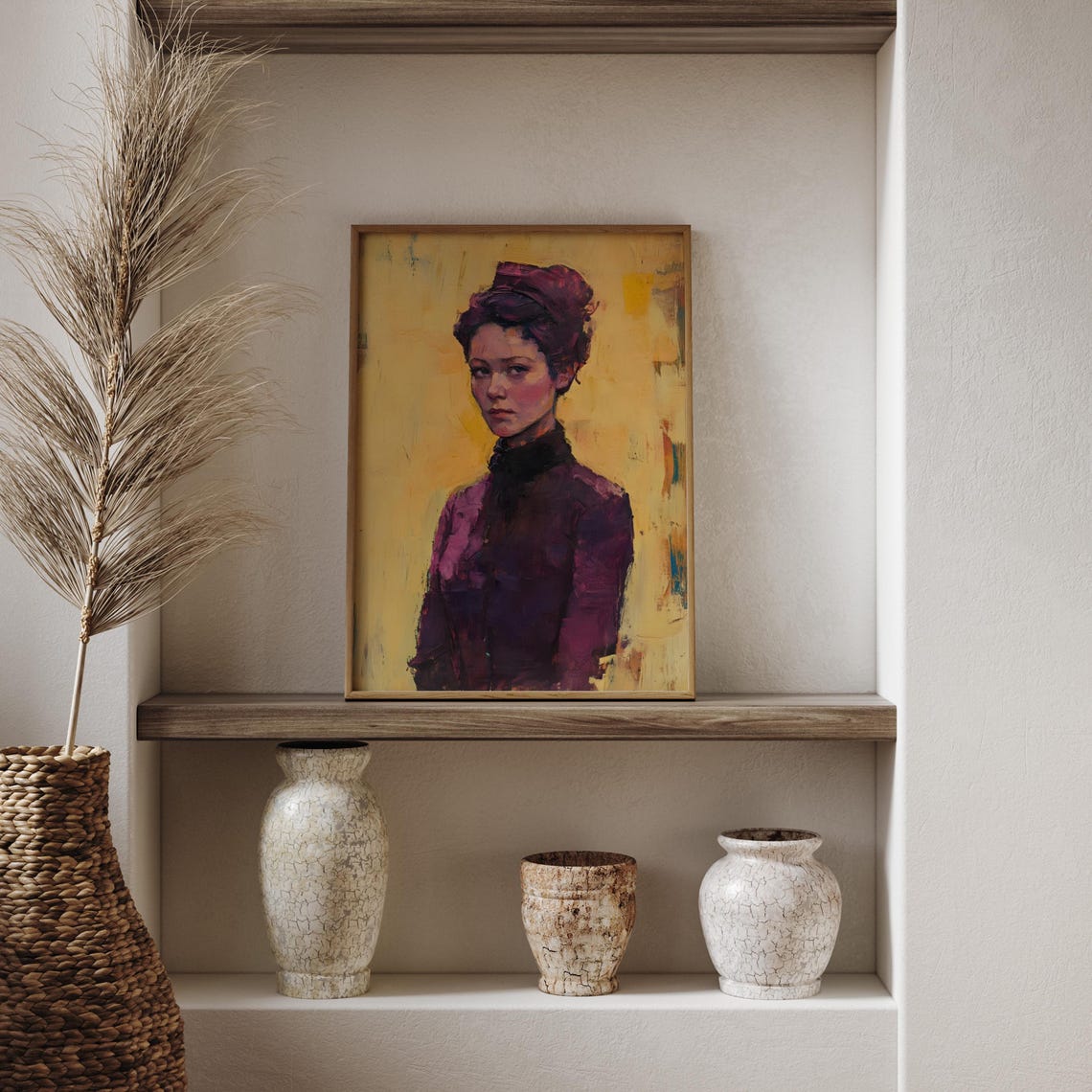 Victorian Lady Moody Oil Portrait On Golden Ochre Background Poster - Image 2