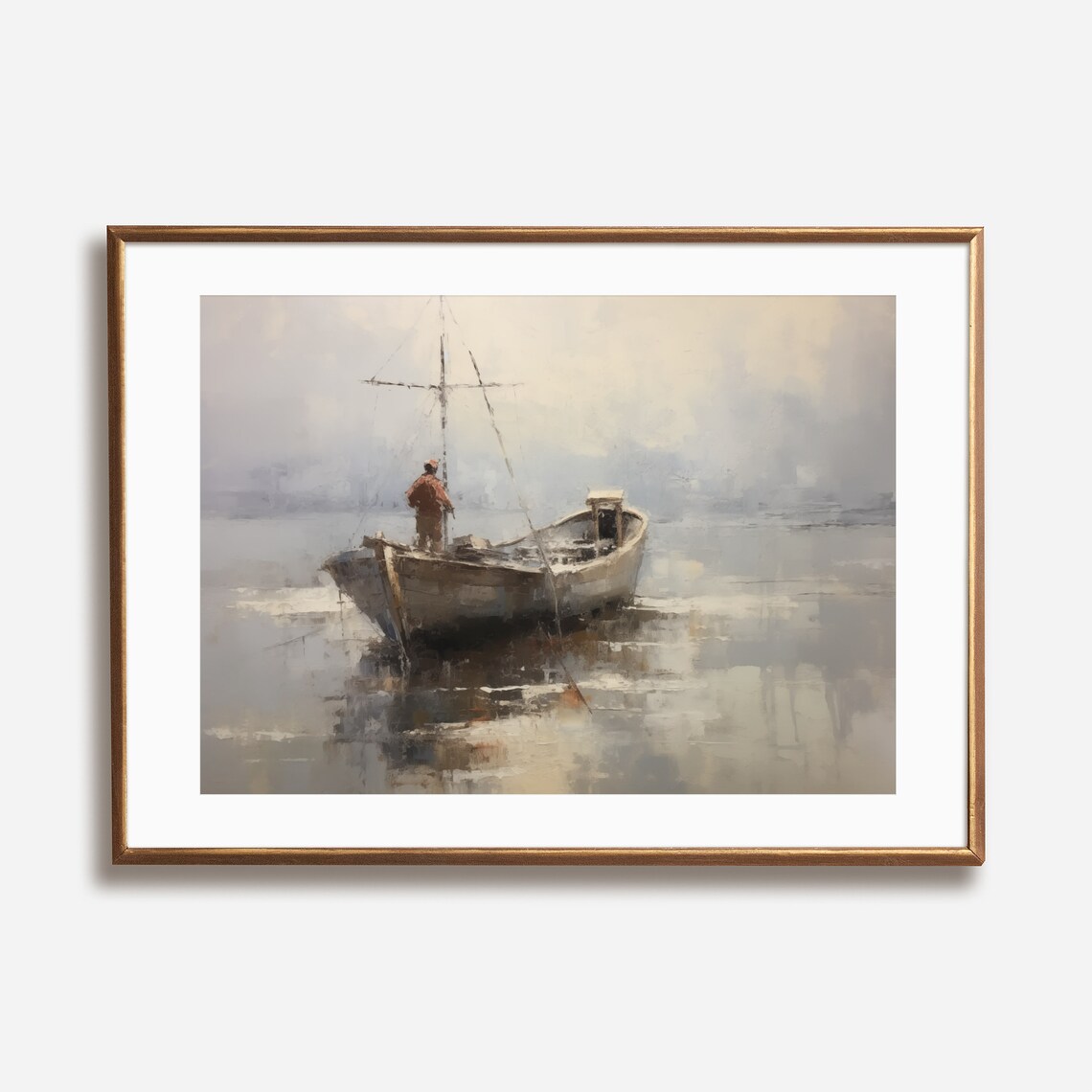 Lone Fisherman Wooden Boat Misty Water Vintage Fishing Poster - Image 2