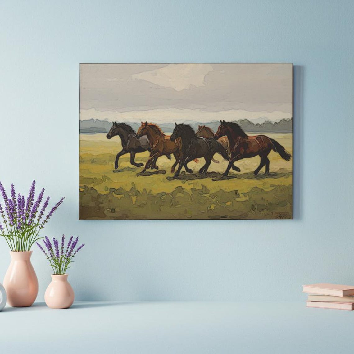 Five Running Horses Wild Field Gallop Painterly Landscape Art Print - Image 2