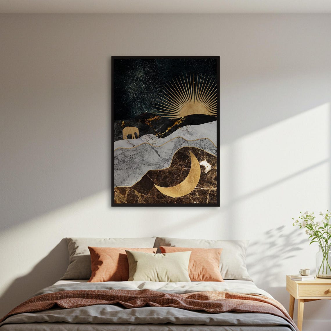 Celestial Sun Moon Gold Marble Abstract Elephant Night Poster