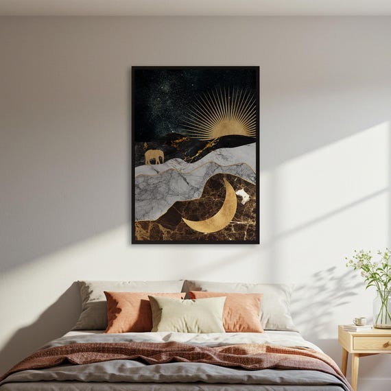 Abstract Elephant Landscape Poster Sun And Moon Wall Art Celestial Nature Print Modern Wildlife Decor Framed Or Unframed