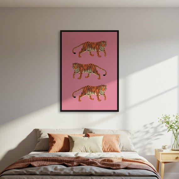 Pink Tiger Trio Poster Colorful Animal Wall Art Print Retro Jungle Decor Framed Or Unframed