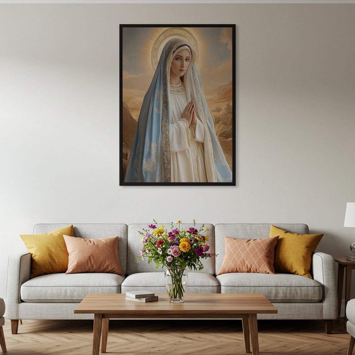 Our Lady in Prayer Blue Veil Golden Halo Devotional Art Poster - Image 2
