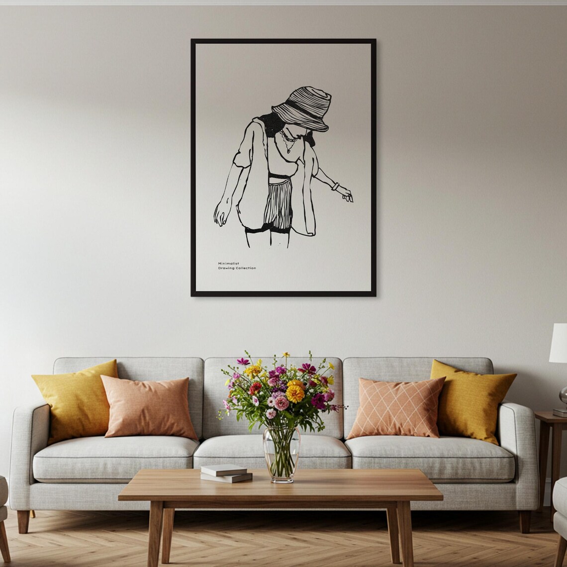 Minimalist Line Drawing Woman with Sun Hat Chic Fashion Poster - Image 2