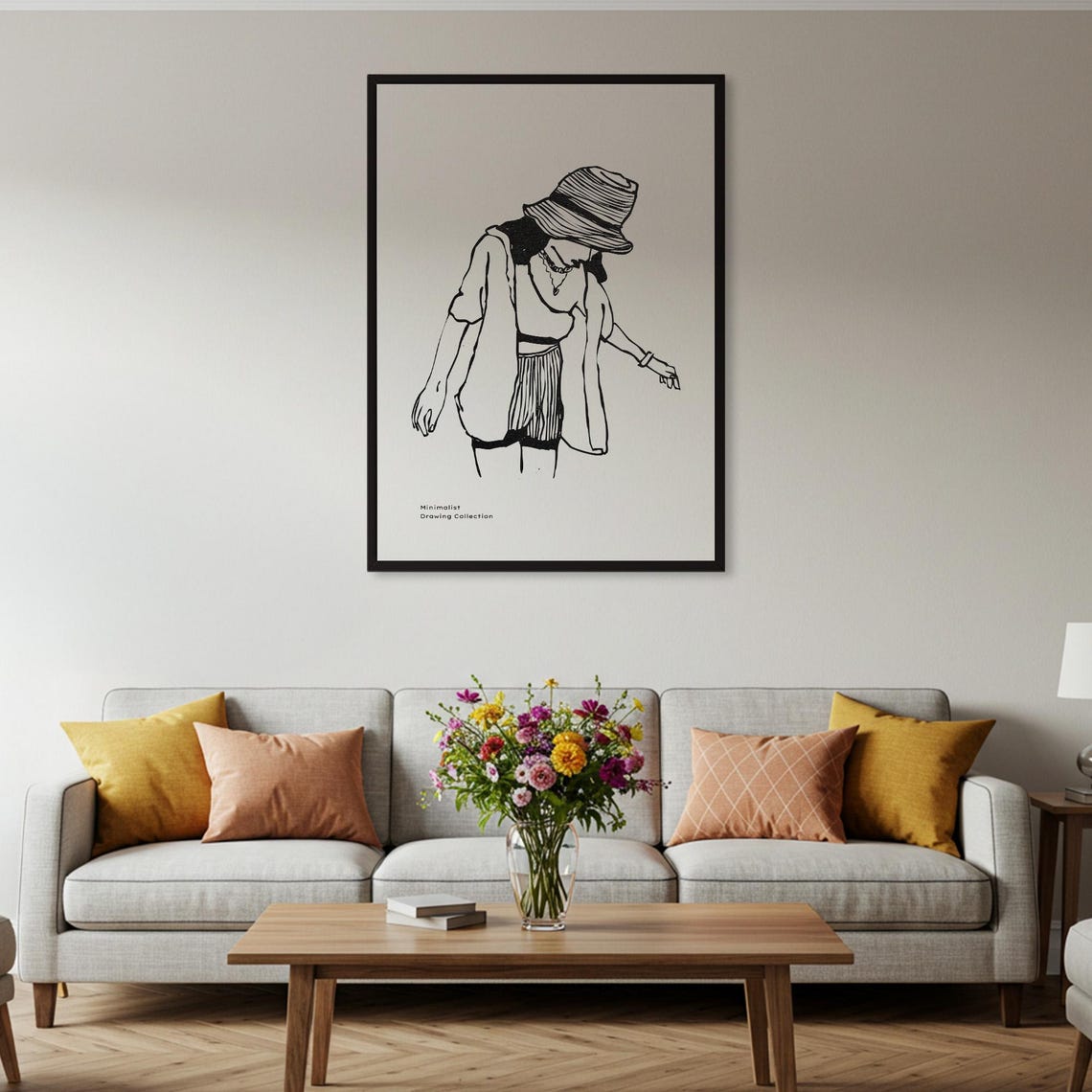 Minimalist Woman With Hat Line Art Poster Black White Drawing Print Wall Decor Framed Or Unframed - Image 2