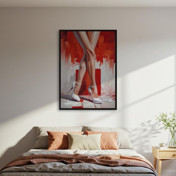 Crossed Legs White Heels Red Abstract Fashion Painting Poster