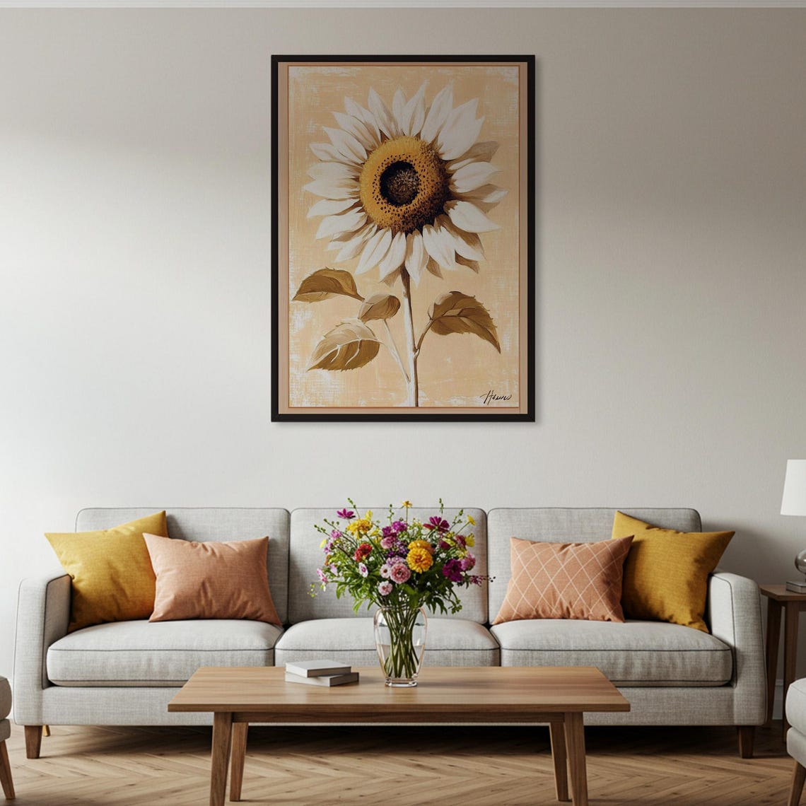 White Sunflower Golden Center Warm Beige Botanical Art Poster - Image 2