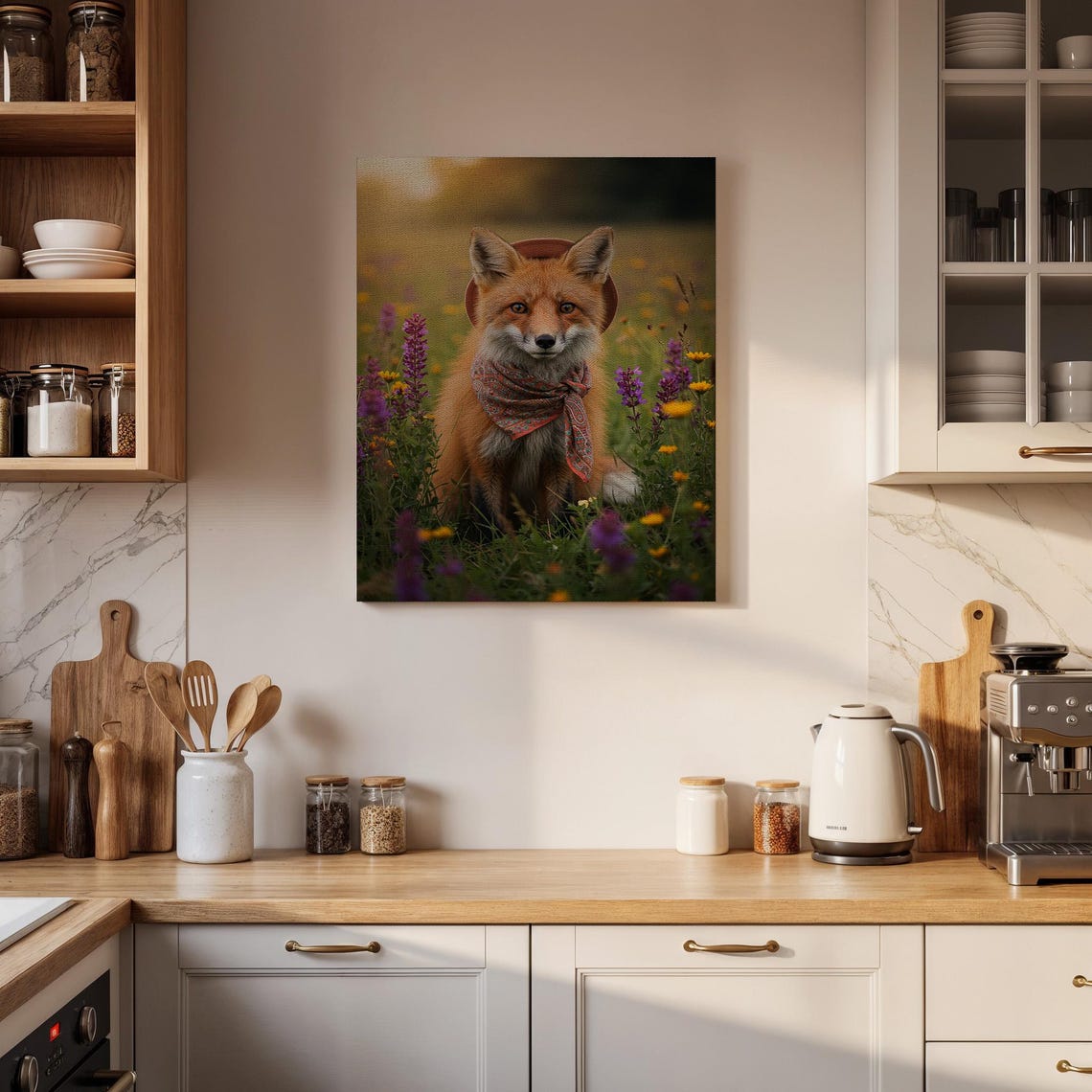 Red Fox Wearing Cowboy Hat Bandana Wildflower Meadow Art Poster - Image 4