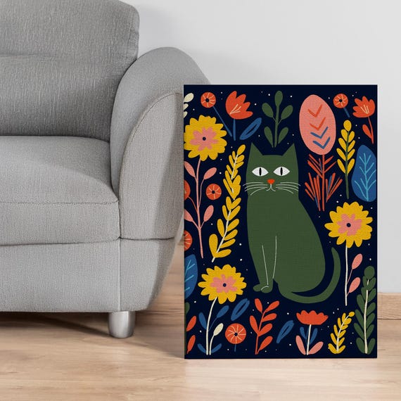 Whimsical Cat Canvas Wall Art Colorful Floral Feline Print For Lovers Bold Boho Animal Illustration Kids Room Or Playful Decor