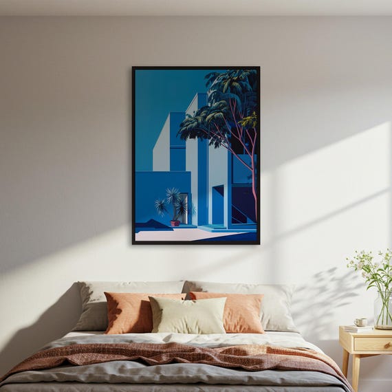 Modern Architecture Poster Print Blue Minimalist Building Wall Art Palm Tree Graphic Decor Contemporary House Illustration