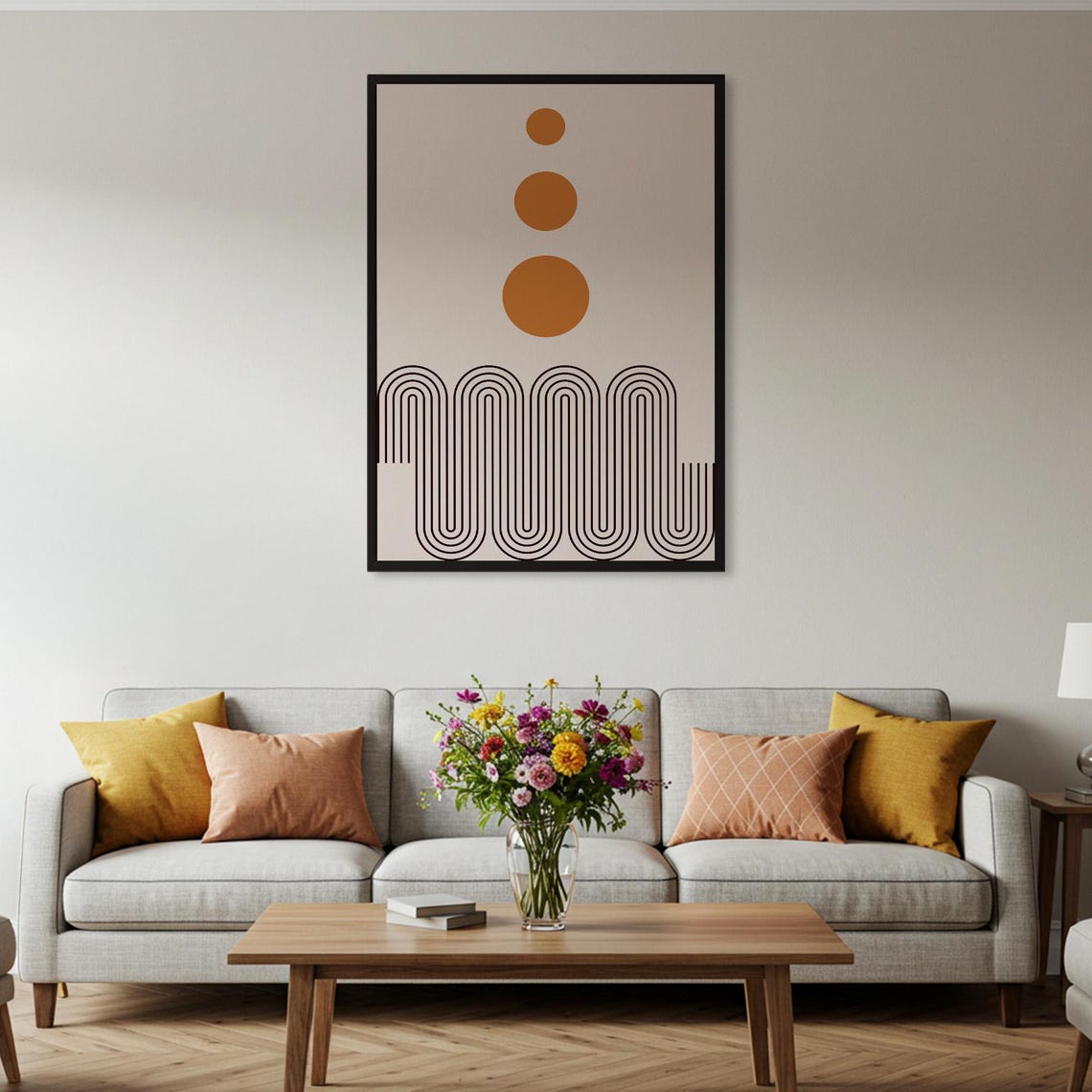 Three Orange Suns over Black Arches Mid Century Geometric Poster - Image 5