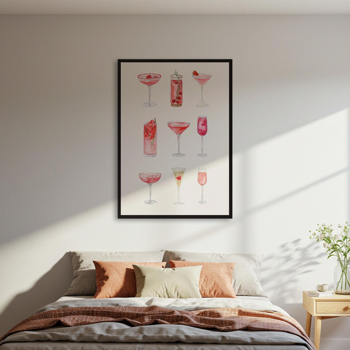 Pink Cocktails Watercolor Poster, Stylish Kitchen Wall Art