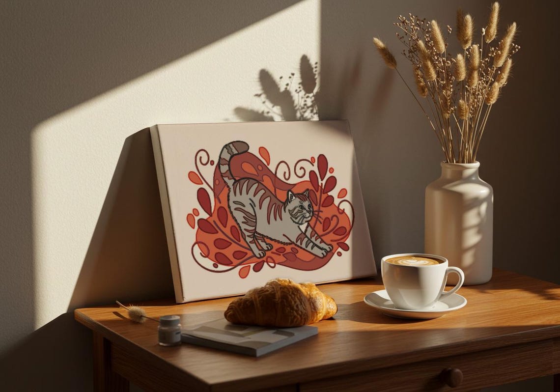 Gray Tabby Cat Stretching Orange Floral Whimsical Kitty Poster - Image 2