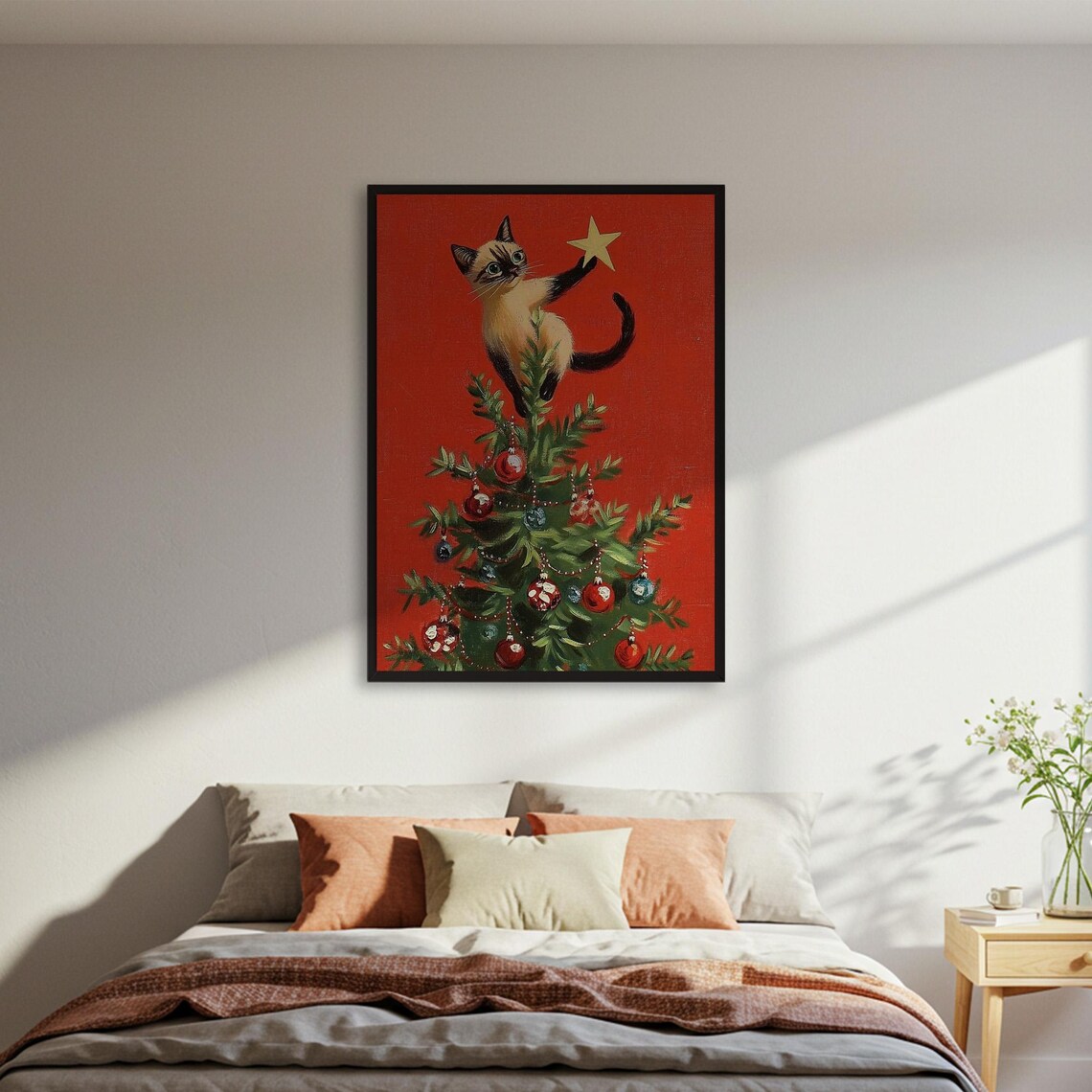 Vintage Christmas Cat Poster, Retro Holiday Decor