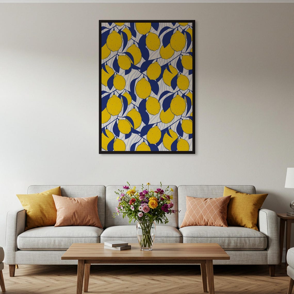 Lemon Pattern Yellow Citrus Navy Leaves Kitchen Wall Decor Poster - Image 2