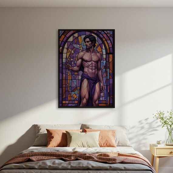Stained Glass Style Muscular Man Purple Mosaic Figure Poster