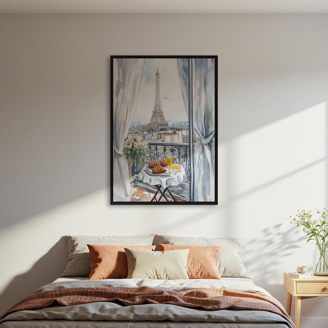 Romantic Paris Balcony Breakfast, Eiffel Tower Watercolor
