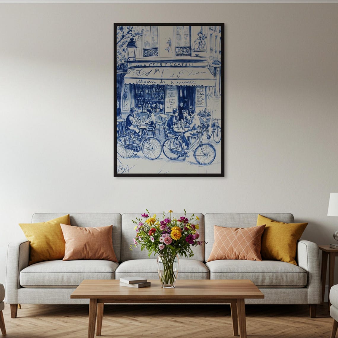 Paris Cafe Blue Ink Sketch French Street Scene Chic Art Poster - Image 2
