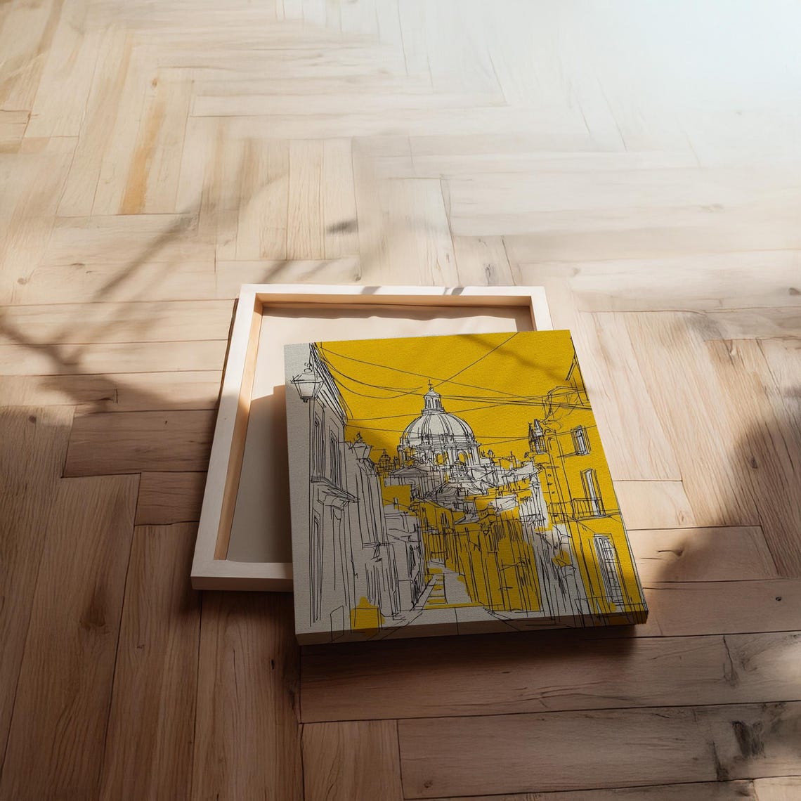 Bold Yellow Line Sketch Of Domed Cathedral City Street Poster - Image 2