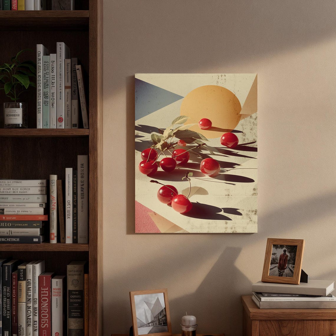 Red Cherries Long Shadows Geometric Sun Pop Art Style Poster - Image 3